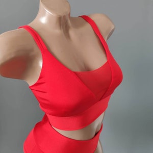 Red Pole Dance Costume, Basic Pole Dance Wear, High Waist Shorts and Mesh Sports Bra, Pole Dance Outfit, Pole Top and Shorts, Workout Outfit