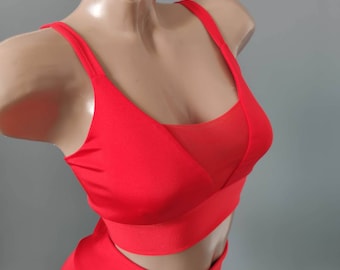 Red Pole Dance Costume, Basic Pole Dance Wear, High Waist Shorts and Mesh Sports Bra, Pole Dance Outfit, Pole Top and Shorts, Workout Outfit