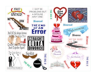 Puede incluir: Una colección de pegatinas coloridas con texto humorístico sobre el divorcio. Las pegatinas presentan frases como "¡Nudo Desatado!" y "Directo del Divorcio".