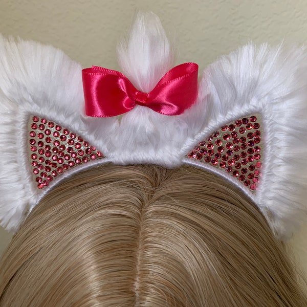 Marie Cat Ears. White fluffy cat ears with Pink bow. Blinged with many rhinestones.