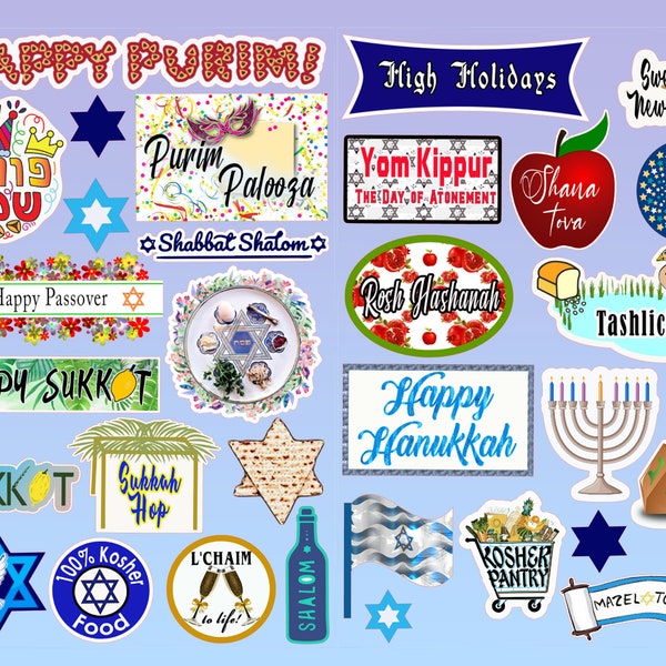 Jewish Holiday Stickers,Holiday Variety Pack. Purim, Pesach, High Holidays, Sukkot, Hanukkah and more!