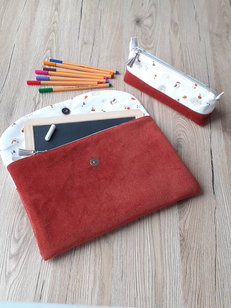 Pochette Ardoise et Trousse d'école en Coton - Motif Hérisson
