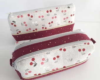 Trousse d'école simple ou double compartiments pour fille motifs cerises et double gaze lie de vin