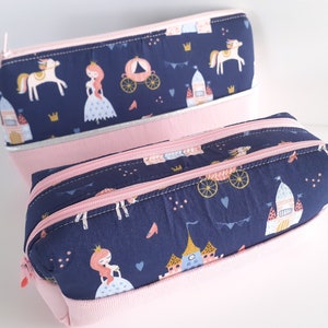 Etui met enkele of dubbele prinsessenvak, roze en nachtblauw, prinsessenkoets en kasteelpatroon, handgemaakt, katoenen stof