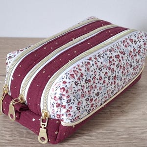 Trousse 3 compartiments en double gaze et coton – Trousse école, maquillage ou toilette – Fait main