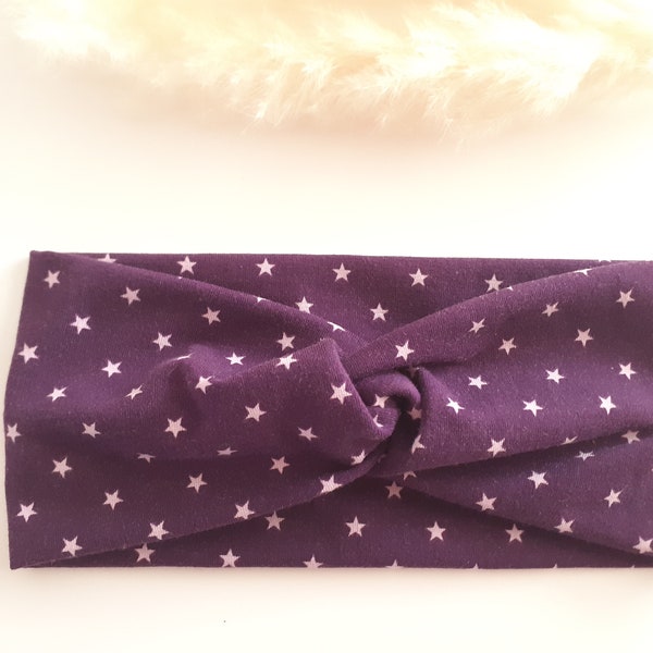 bandeau cheveux violet motifs étoiles en jersey extensible, personnalisable pour bébé, enfant ou femme