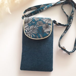 mobile phone pouch with adjustable shoulder strap for smartphone or iPhone quilted in petroleum velvet and floral cotton canvas