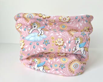 pink unicorn girl&#39;s snood, fur-lined neck warmer, one size fits all from 2 to 10 years, soft and warm children&#39;s accessory for winter