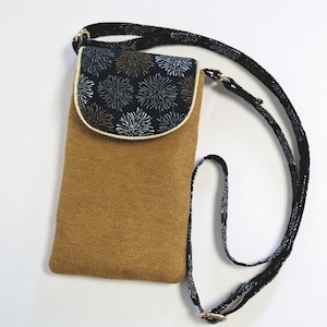 cell phone pouch with adjustable shoulder strap for smartphone or iPhone quilted in ochre velvet-touch fabric and canvas
