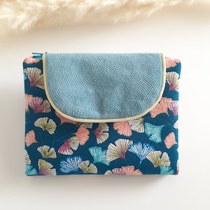 Portefeuille compagnon femme en tissu gingko bleu pétrole et velours bleu lagon, compartiments cartes et papier, portemonnaie