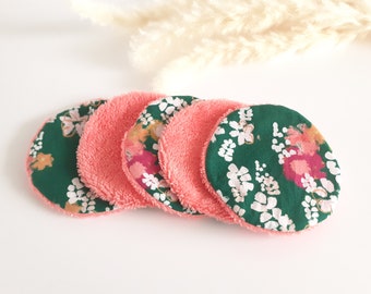 Lingette lavable ronde pour toilette quotidienne ou démaquillage, coton doux éponge bambou corail  et coton vert fleurs