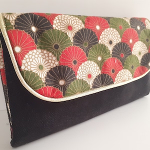 portefeuille femme tissu tout en un portemonnaie protège chéquier et porte carte velours noir et coton hiro rouge, noir, vert écru