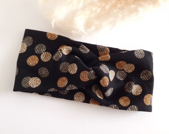 Headband bandeau femme croisé léger en matière extensible taille unique noir motif pastille taupe et ocre