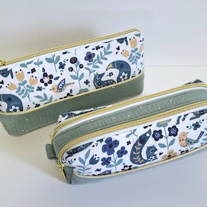 Trousse d'école simple ou double compartiments fille tissu animaux bleus et double gaze vert de gris
