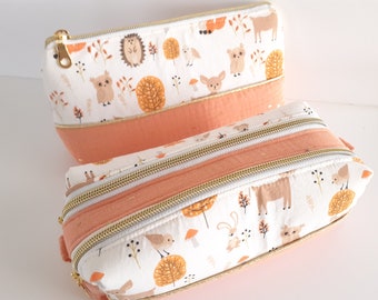 Trousse d'école simple ou double compartiments fille animaux rose corail