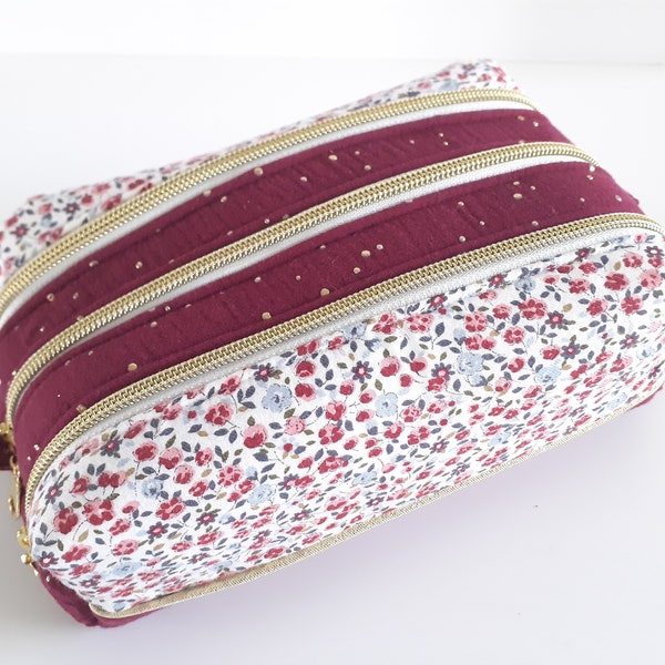 Trousse 3 compartiments en tissu motifs fleurs et double gaze lie de vin, trousse d'école,  trousse de toilette ou maquillage