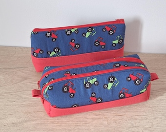 Single or double compartment school kit for boys, blue and red tractor patterns, customizable back to school