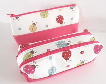 Trousse simple ou double compartiments coccinelles rose fushia