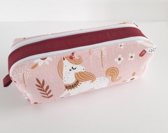 Trousse école double compartiments licorne rose en tissu