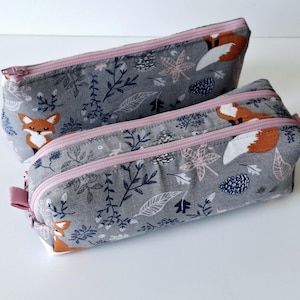 Trousse d'école simple ou double compartiments fille tissu renards gris et rose, trousse pour rentrée scolaire