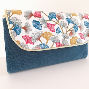 women's fabric wallet all in one wallet protects checkbook and card holder petrol blue velvet and multicolored gingko cotton