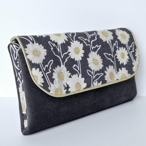 Portefeuille tout en un, tissu marguerites et velours gris, porte-carte, porte-chéquier, portemonnaie, compagnon femme, idée cadeau