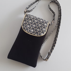 pochette téléphone portable avec bandoulière reglable pour smartphone ou iphone matelassé en velours noir et tissu ryad noir