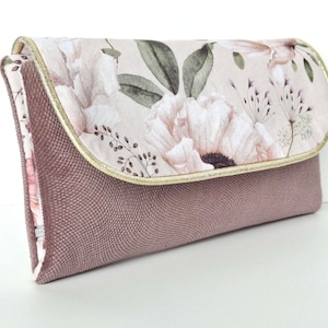 portefeuille femme tissu tout en un portemonnaie protège chéquier et porte carte velours violine et coton fleurs rose