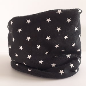 teenage child's neck snood, black star patterns lined with black fleece