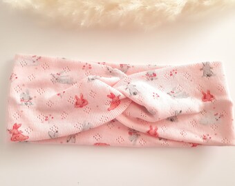 bandeau cheveux rose motifs lapins en jersey extensible, personnalisable pour bébé, enfant ou femme