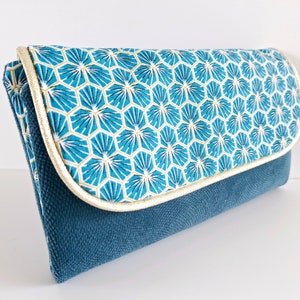 portefeuille femme tissu tout en un portemonnaie protège chéquier et porte carte  velours bleu petrole et coton riad bleu