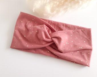 Headband bandeau femme croisé léger en matière jersey extensible taille unique coloris vieux rose pois doré, personnalisable