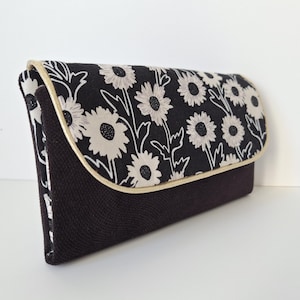Portefeuille tout en un, tissu marguerites et velours noir, porte-carte, porte-chéquier, portemonnaie, compagnon femme, idée cadeau