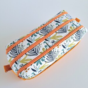 Etui met 3 vakken in junglepatroonstof en oranje katoen, etui voor school met 3 vakken