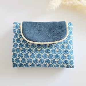 Portefeuille compagnon femme en tissu riad bleu et velours bleu petrole, compartiments cartes et papier, portemonnaie