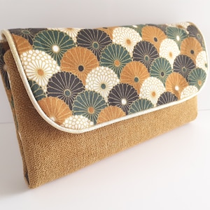 women's fabric wallet all in one purse protects checkbook and card holder canvas touched ocher velvet and hiro cotton