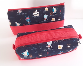 Single or double compartment school kit for boys, blue and red pirates