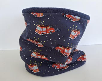 navy blue fire truck fleece-lined neck warmer for boys