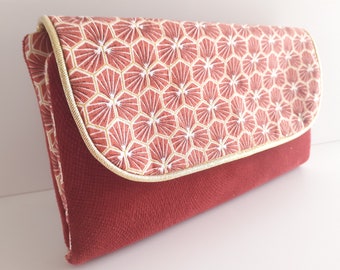 portefeuille femme tissu tout en un portemonnaie protège chéquier et porte carte  velours rouge carmin et coton riad rouge