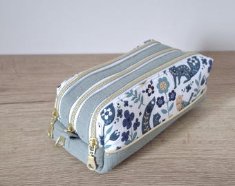 Girls' 3-compartment pencil case in blue animal print fabric and grey-green double gauze; other colors available upon request