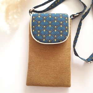 mobile phone pouch with adjustable shoulder strap for smartphone or iPhone quilted in petrol fan cotton and ocher canvas