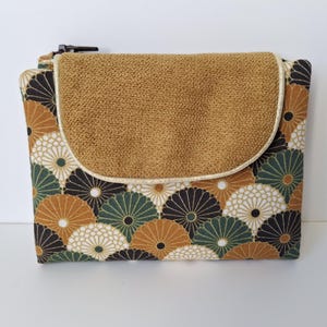 Portefeuille compagnon femme en tissu japonais hiro ocre et velours ocre, compartiments cartes et papier, portemonnaie