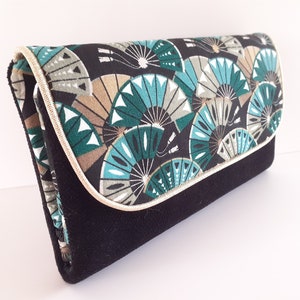 women's fabric wallet all in one wallet protects checkbook and card holder black velvet and cotton Japanese fabric green fan