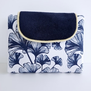 Portefeuille compagnon femme en tissu japonais gingko bleu et velours bleu nuit, compartiments cartes et papier, portemonnaie