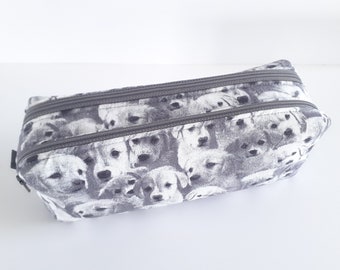 Trousse ecole double compartiments tissu motifs chiens gris/blanc