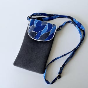 cell phone pouch with adjustable shoulder strap for smartphone or iPhone quilted in gray velvet and blue/gray patterned fabric