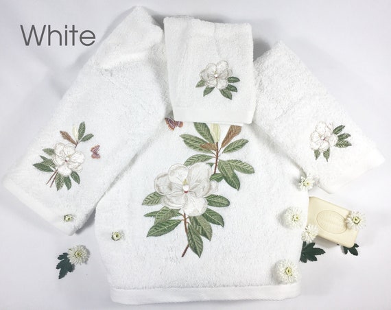 Magnolia Blossom Embroidered Turkish Towels Luxury Towels Bathroom