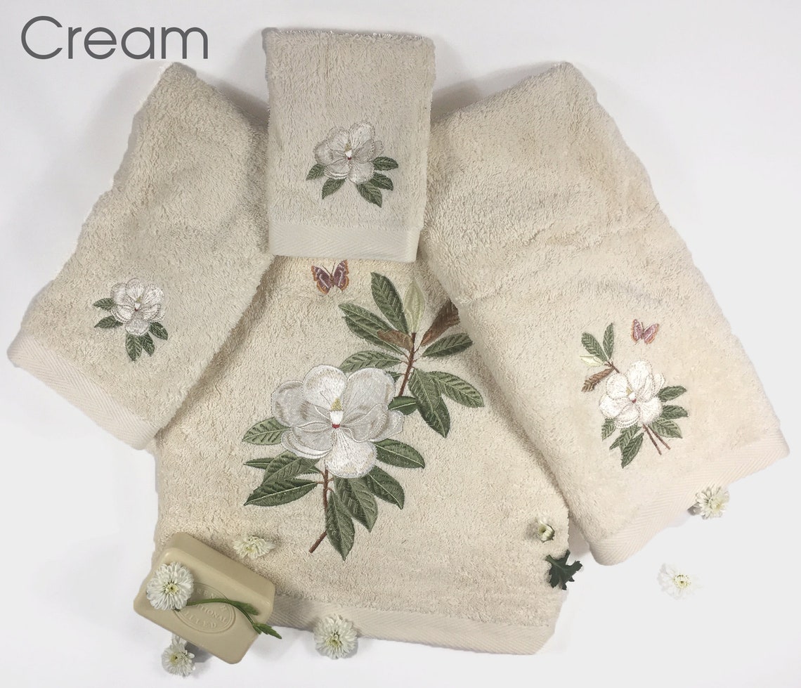 Magnolia Blossom Embroidered Turkish Towels Luxury Towels Etsy