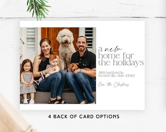 May include: A Christmas card template featuring a family photo with a dog, a festive message, and a personalized address. The card is designed with a minimalist aesthetic and includes a white background with black text.