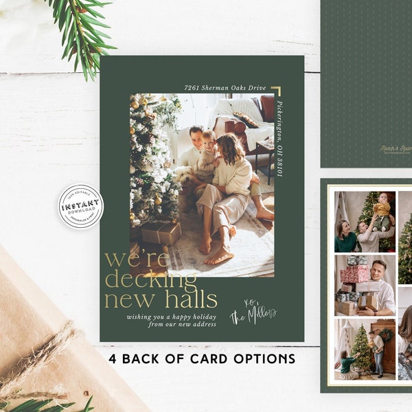 Green Decking New Halls Foil Card | Holiday Cards for family and Friends | Christmas Card Moving Announcement Modern Minimal Gold Holiday